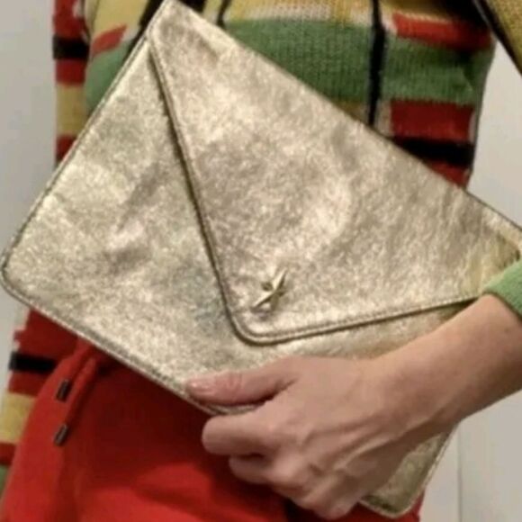NEW Thierry Mugler Gold Metallic Vegan Pouch Clutch Envelope Purse Bag - Picture 1 of 9